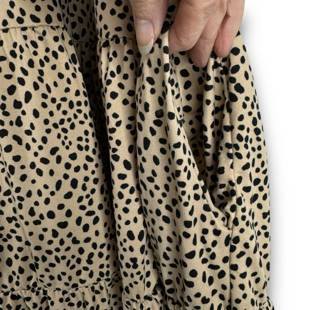 Tiered Ruffle Vneck Dress Pockets Dotted Print Soft Relaxed Tan Beige Black 1X - Picture 4 of 7